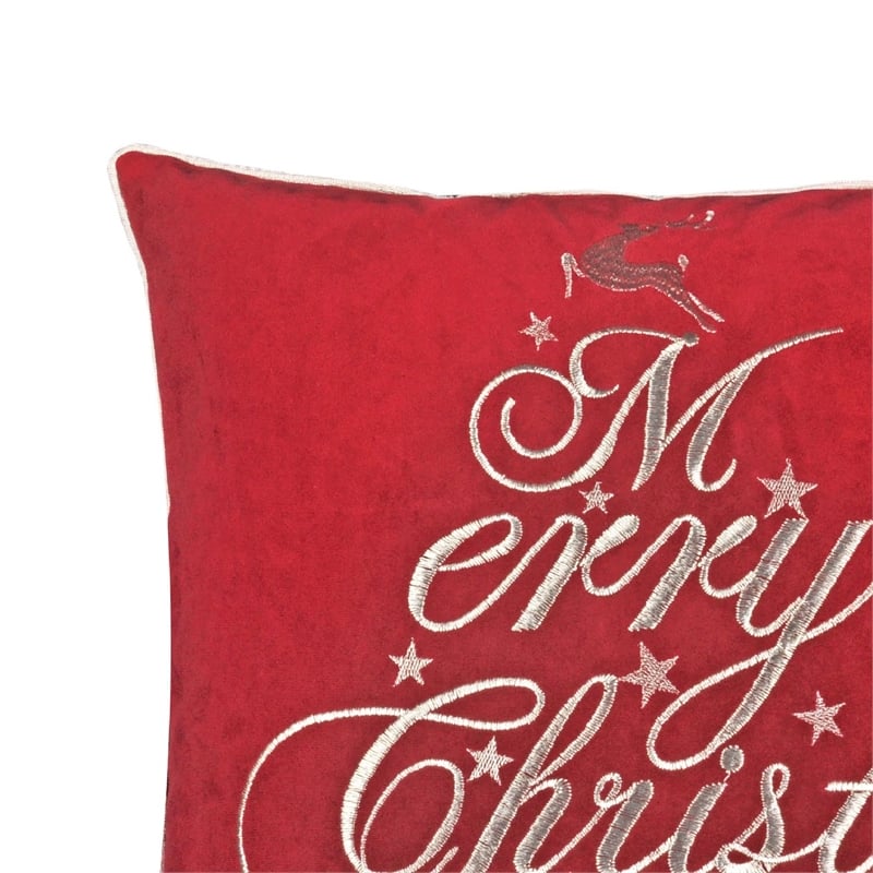 Aure Square Throw Pillow- Merry Christmas Embroidery- Red Velvet 20 Inch