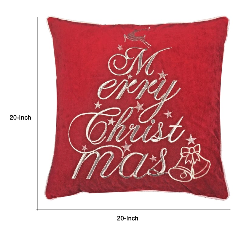 Aure Square Throw Pillow- Merry Christmas Embroidery- Red Velvet 20 Inch