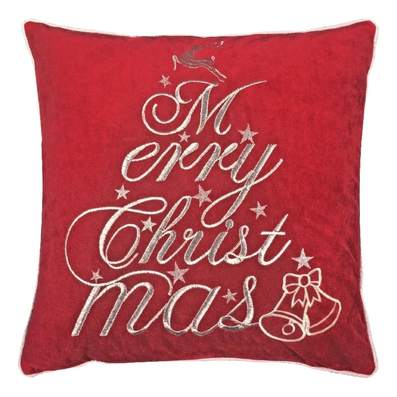 Aure Square Throw Pillow- Merry Christmas Embroidery- Red Velvet 20 Inch