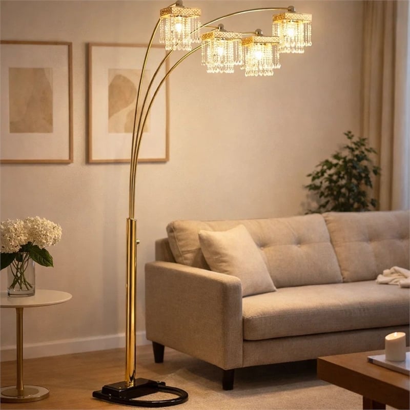 84 Inch Accent Arch Floor Lamp- Hanging 4 Square Crystal Shades- Gold