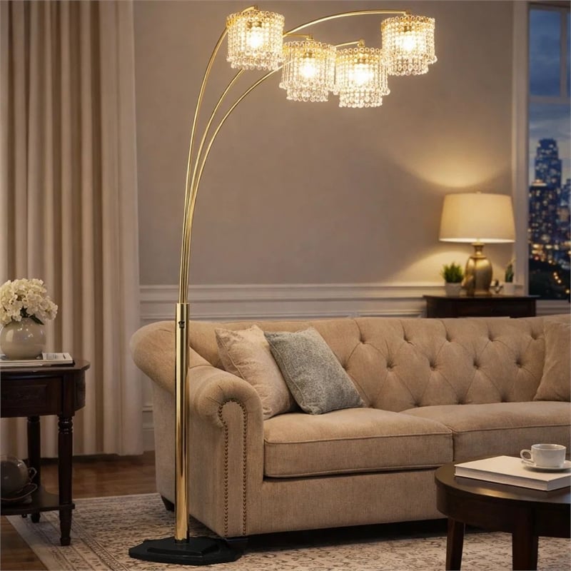 84 Inch Accent Arch Floor Lamp- Hanging 4 Square Crystal Shades- Gold