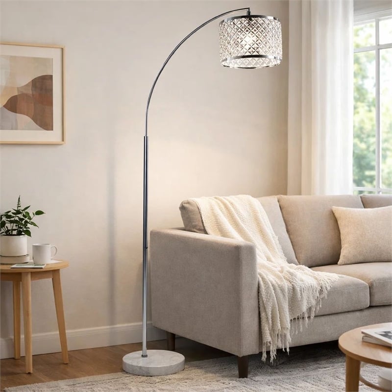 Arch Floor Lamp- Lattice Crystal Shade- Chrome Metal- Round Marble Base