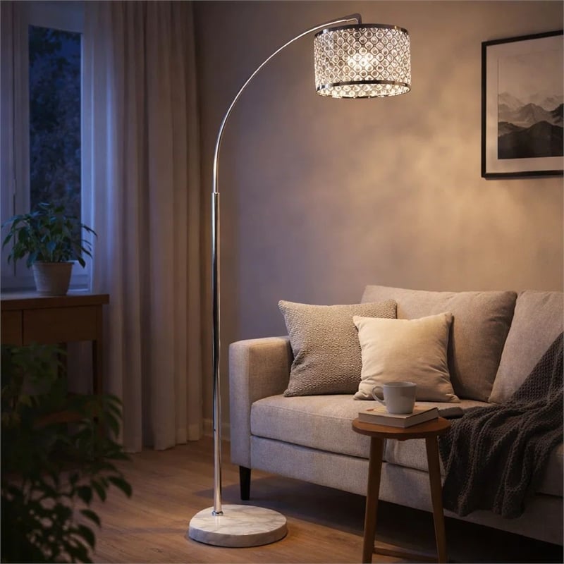Arch Floor Lamp- Lattice Crystal Shade- Chrome Metal- Round Marble Base