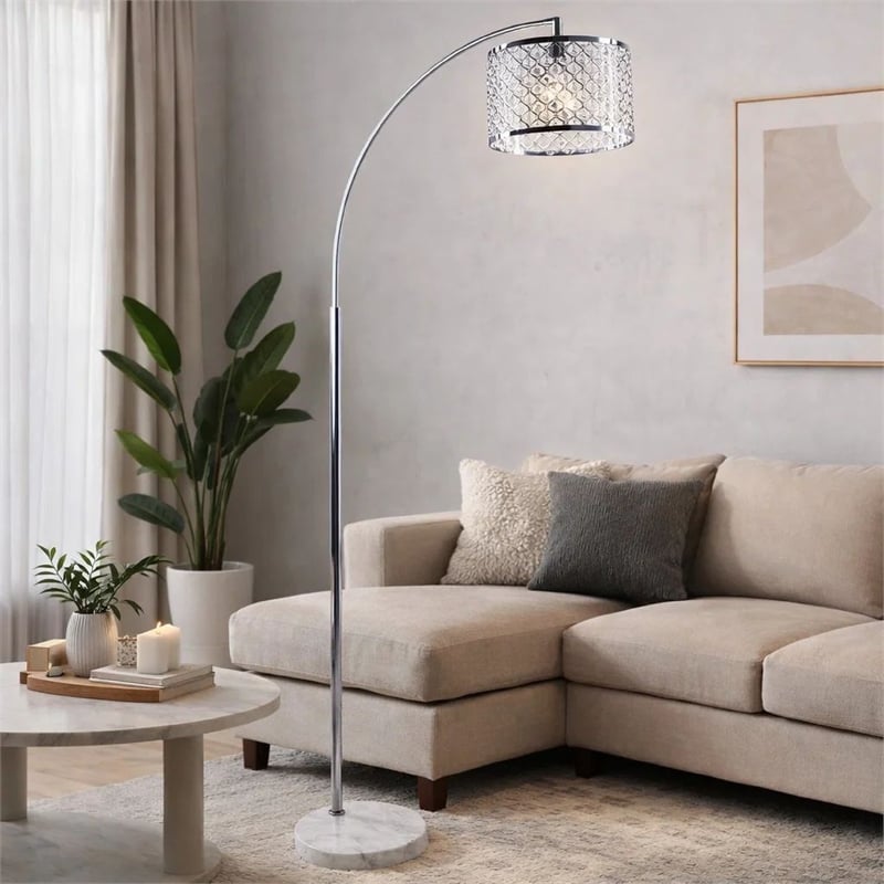 Arch Floor Lamp- Lattice Crystal Shade- Chrome Metal- Round Marble Base