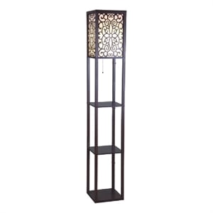 Corner Floor Lamp- 3 Shelves- Floral Carved White Fabric Shade- Brown Wood