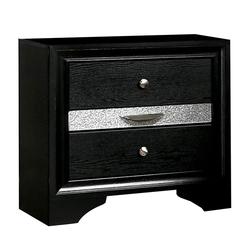 Queen Bedroom Set- Black- Silver Wood- 2 Piece Set with Nightstand
