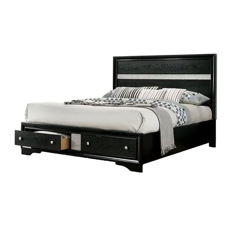 Queen Bedroom Set- Black- Silver Wood- 2 Piece Set with Nightstand
