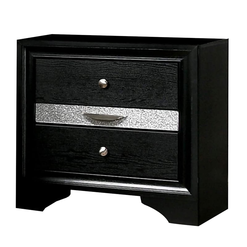 Queen Bedroom Set- Black- Silver Wood- 2 Piece Set with Nightstand