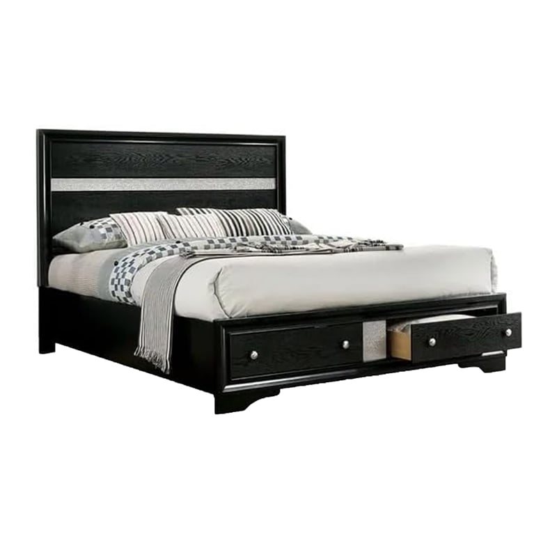 Queen Bedroom Set- Black- Silver Wood- 2 Piece Set with Nightstand