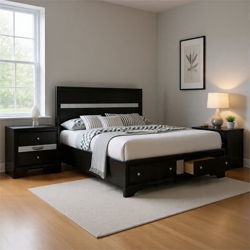 Queen Bedroom Set- Black- Silver Wood- 2 Piece Set with Nightstand