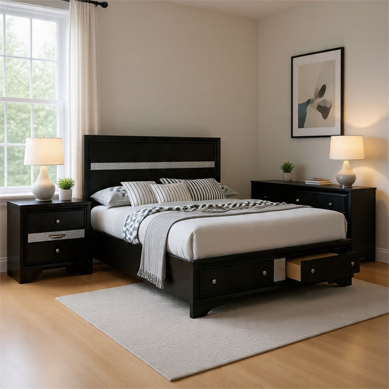 Queen Bedroom Set- Black- Silver Wood- 3 Piece Set with 2 Nightstands