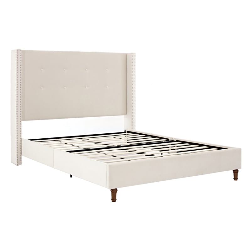 Pery Queen Size Bed with Button Tufted Headboard- Ivory Velvet Upholstery