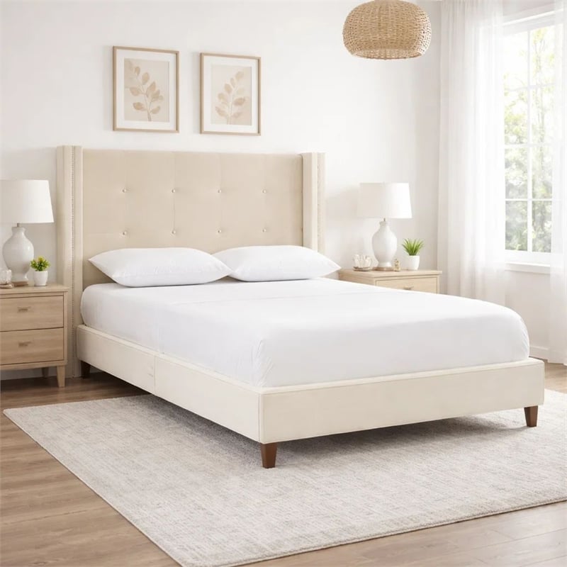 Pery Queen Size Bed with Button Tufted Headboard- Ivory Velvet Upholstery