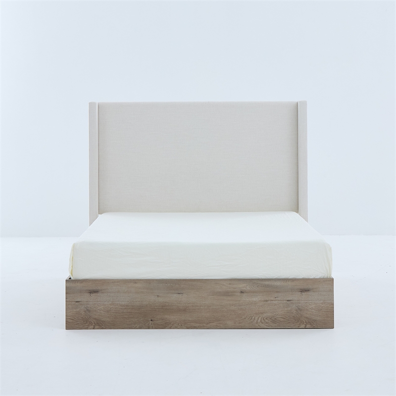Sely Queen Size Bed with Wingback Headboard- Ivory Chenille Upholstery