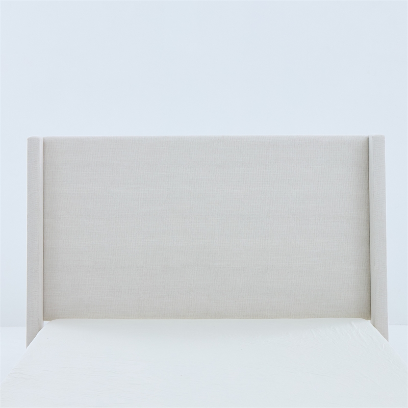 Sely Queen Size Bed with Wingback Headboard- Ivory Chenille Upholstery