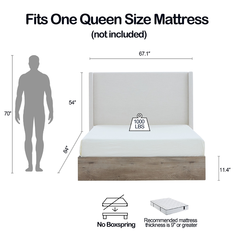 Sely Queen Size Bed with Wingback Headboard- Ivory Chenille Upholstery