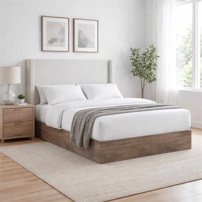 Sely Queen Size Bed with Wingback Headboard- Ivory Chenille Upholstery