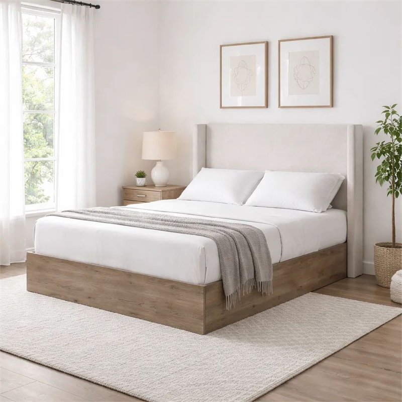 Sely Queen Size Bed with Wingback Headboard- Ivory Chenille Upholstery