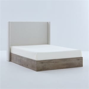 Sely Queen Size Bed with Wingback Headboard- Ivory Chenille Upholstery