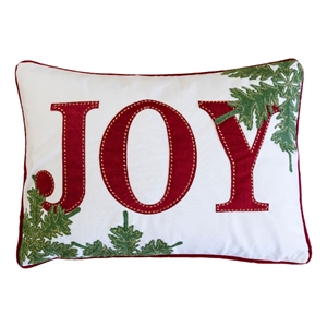 Christmas Lumbar Cushion- Red Joy and Green Leaves Velvet Accents- 14x20