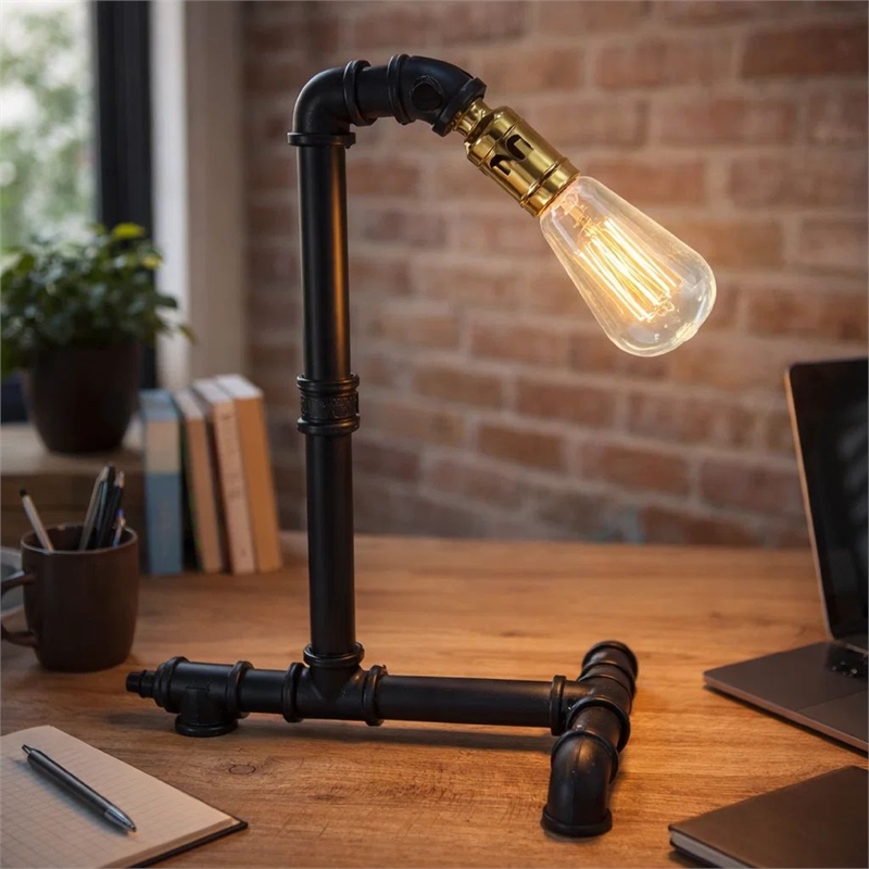 Desk Lamp- Industrial Pipe Style w Steampunk Design- Matte Black Metal