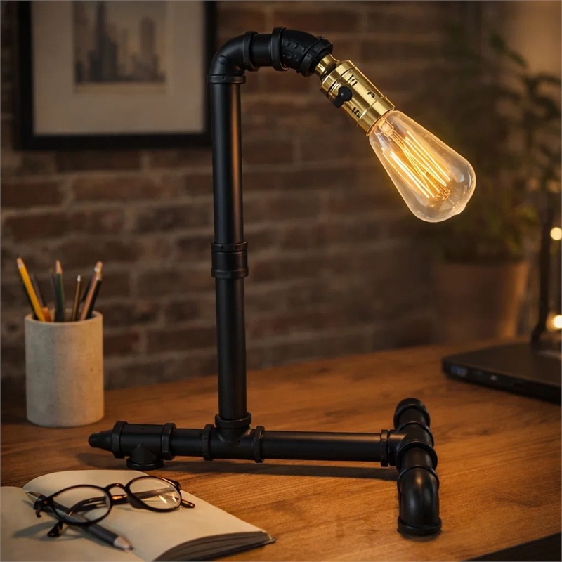 Desk Lamp- Industrial Pipe Style w Steampunk Design- Matte Black Metal