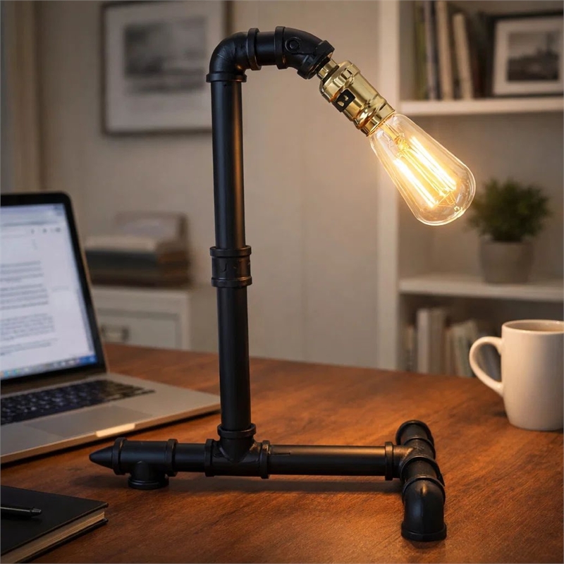 Desk Lamp- Industrial Pipe Style w Steampunk Design- Matte Black Metal