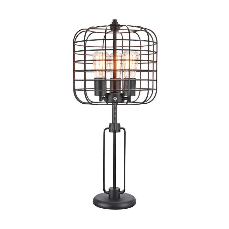 Emon 3 Bulb Table Lamp w USB- Black Metal Industrial Cage Shade