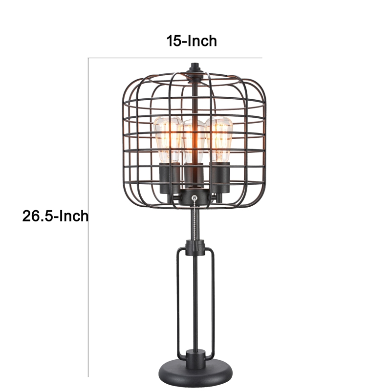 Emon 3 Bulb Table Lamp w USB- Black Metal Industrial Cage Shade