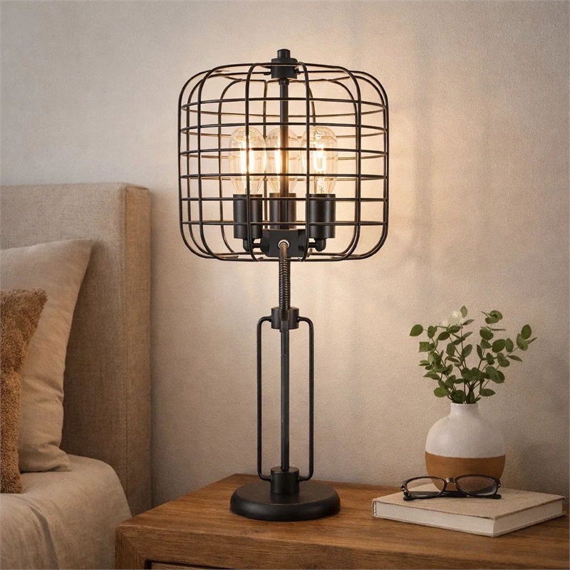 Emon 3 Bulb Table Lamp w USB- Black Metal Industrial Cage Shade