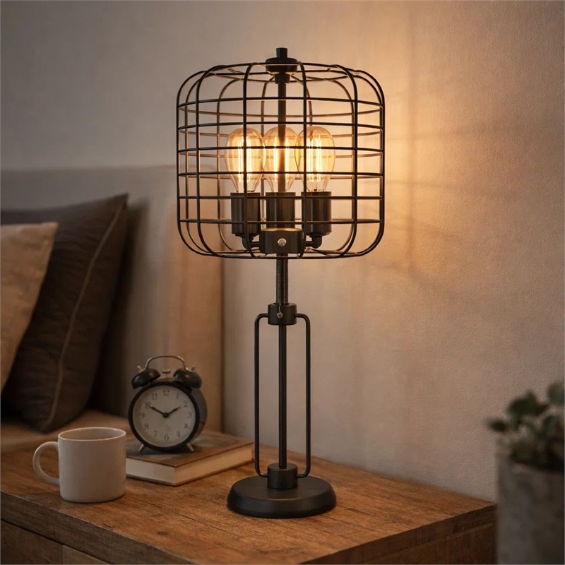 Emon 3 Bulb Table Lamp w USB- Black Metal Industrial Cage Shade