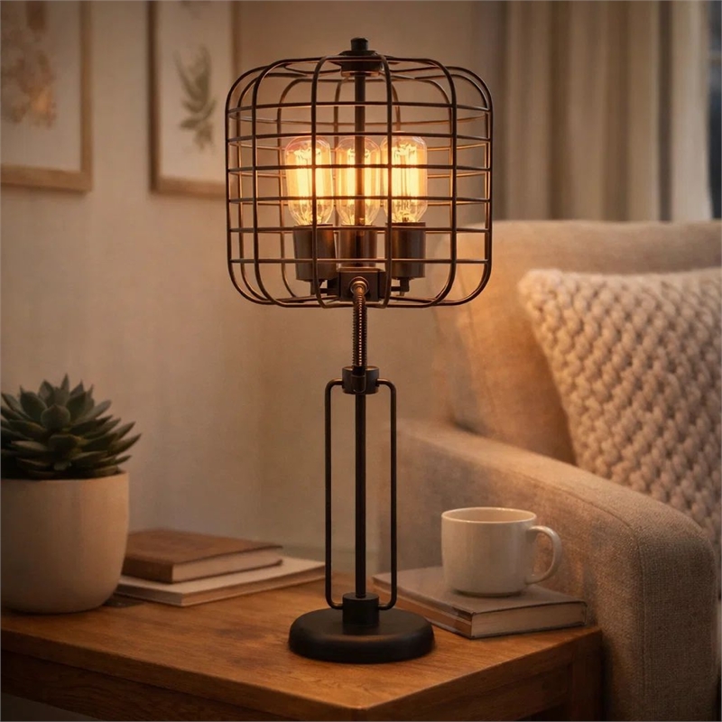 Emon 3 Bulb Table Lamp w USB- Black Metal Industrial Cage Shade