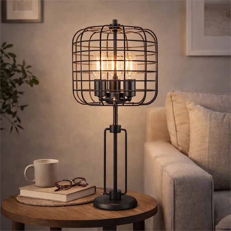 Emon 3 Bulb Table Lamp w USB- Black Metal Industrial Cage Shade