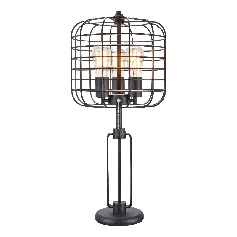 Emon 3 Bulb Table Lamp w USB- Black Metal Industrial Cage Shade