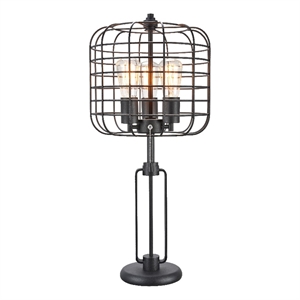 Emon 3 Bulb Table Lamp w USB- Black Metal Industrial Cage Shade