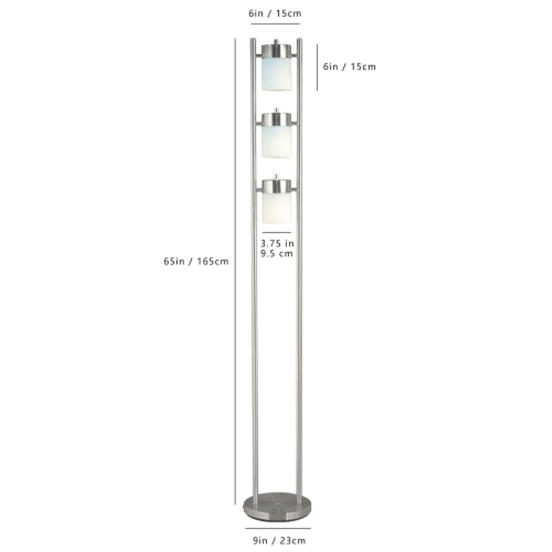Floor Lamp with 3 Frosted White Shades- 65 Inch Chrome Dual Pole Body