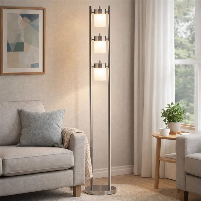 Floor Lamp with 3 Frosted White Shades- 65 Inch Chrome Dual Pole Body