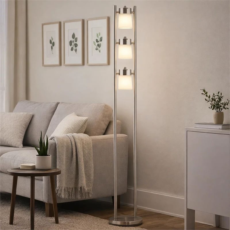 Floor Lamp with 3 Frosted White Shades- 65 Inch Chrome Dual Pole Body