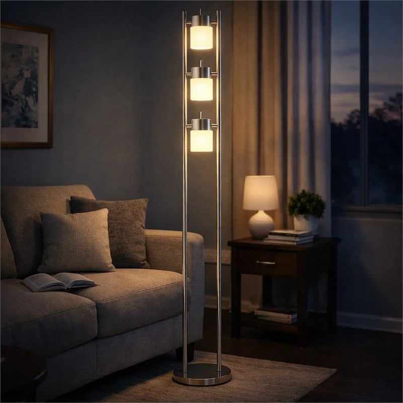 Floor Lamp with 3 Frosted White Shades- 65 Inch Chrome Dual Pole Body