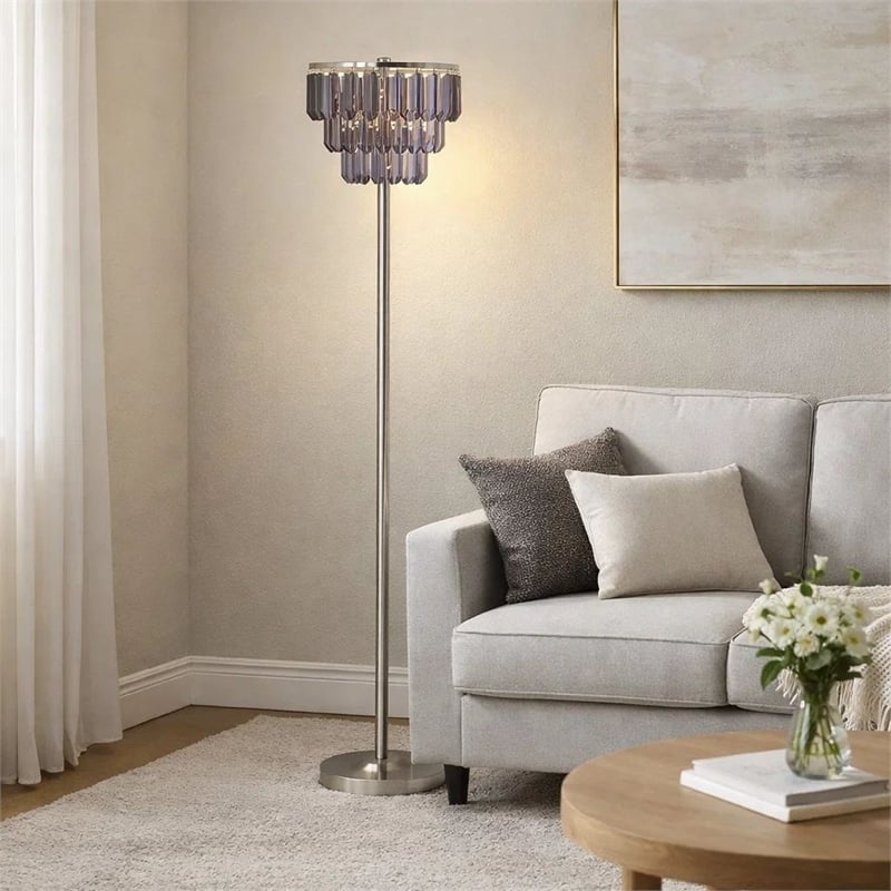 Floor Lamp with 3 Tier Smoke Gray Crystal Shade- 61 Inch Chrome Metal