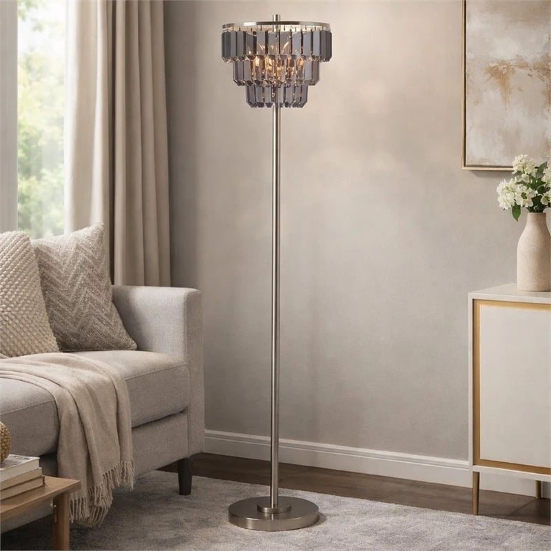 Floor Lamp with 3 Tier Smoke Gray Crystal Shade- 61 Inch Chrome Metal