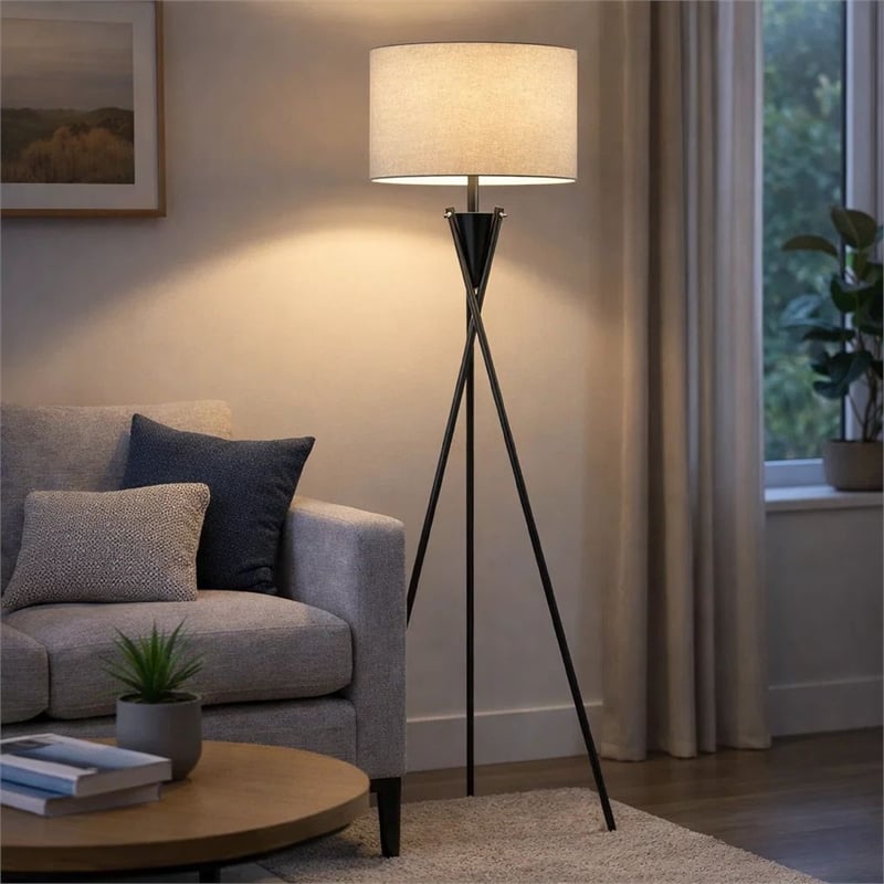 Floor Lamp with Beige Drum Shade- 65 Inch Bronze Metal Tripod Base