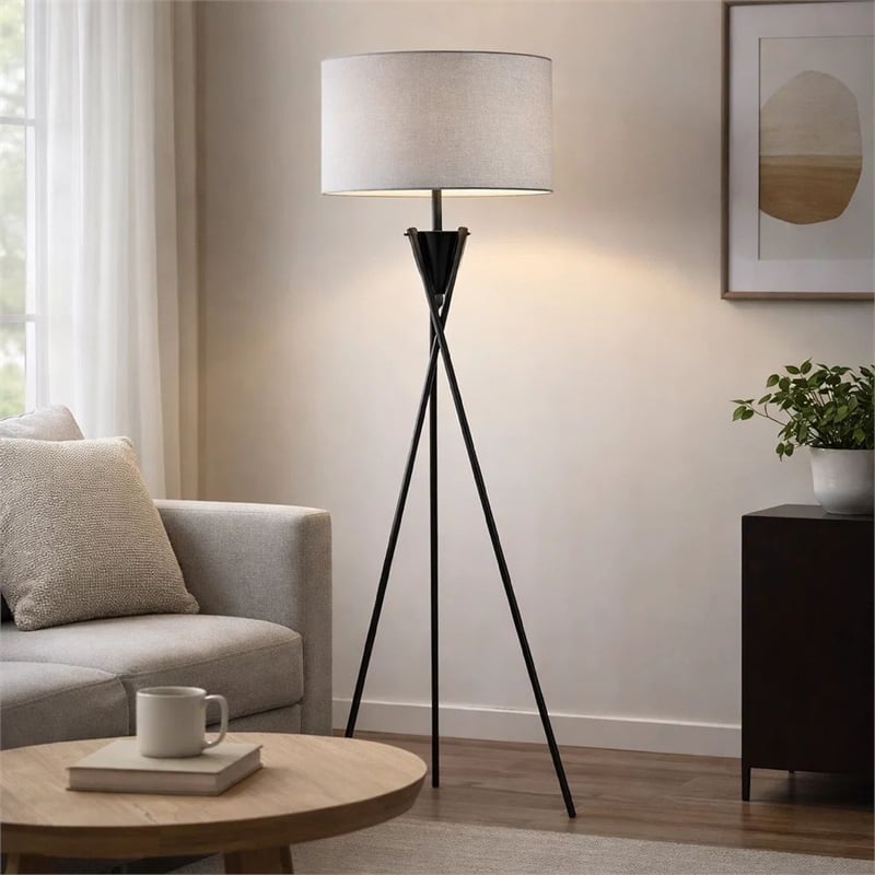 Floor Lamp with Beige Drum Shade- 65 Inch Bronze Metal Tripod Base