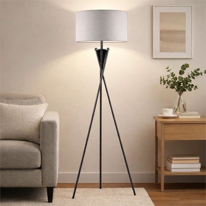 Floor Lamp with Beige Drum Shade- 65 Inch Bronze Metal Tripod Base