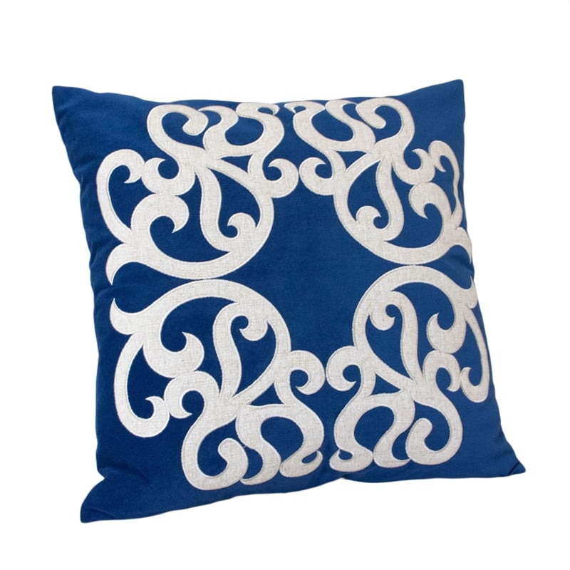Dery Throw Pillow- Vintage Vine Accented Indigo Velvet- 20 Inch Square