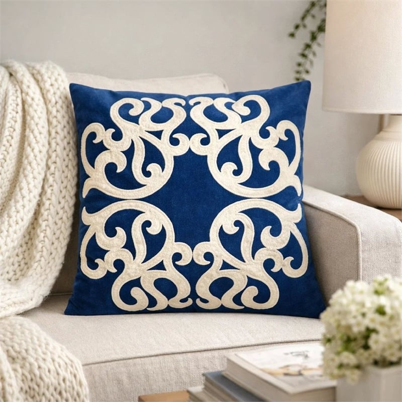 Dery Throw Pillow- Vintage Vine Accented Indigo Velvet- 20 Inch Square