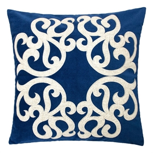 Dery Throw Pillow- Vintage Vine Accented Indigo Velvet- 20 Inch Square