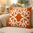 Dery Throw Pillow- Vintage Vine Accented Orange Velvet- 20 Inch Square
