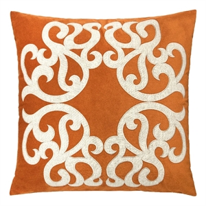 Dery Throw Pillow- Vintage Vine Accented Orange Velvet- 20 Inch Square