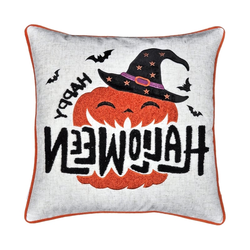 Halloween Pumpkin Witch Embroidered Throw Pillow Cover- Gray 20 Inch Square